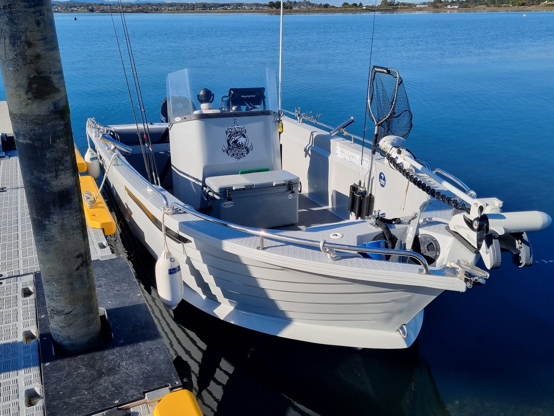 Front view of Mantaray Mojo showing the open fishing deck and bow-mounted electric motor