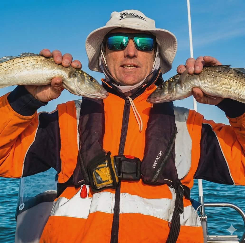 Skipper Adam holding two fish aboard the charter vessel